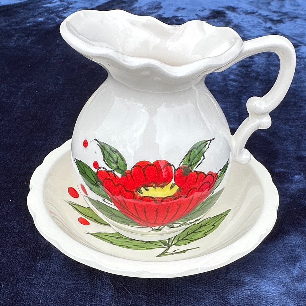 Vintage 50s - 60s Enesco Ceramic Pitcher & Matching Bowl Red Poppy Flowers Japan